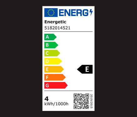 Energiacímke energiahatékonysági osztályokkal A-tól G-ig, a jelenlegi energiafogyasztás az E osztályban van.