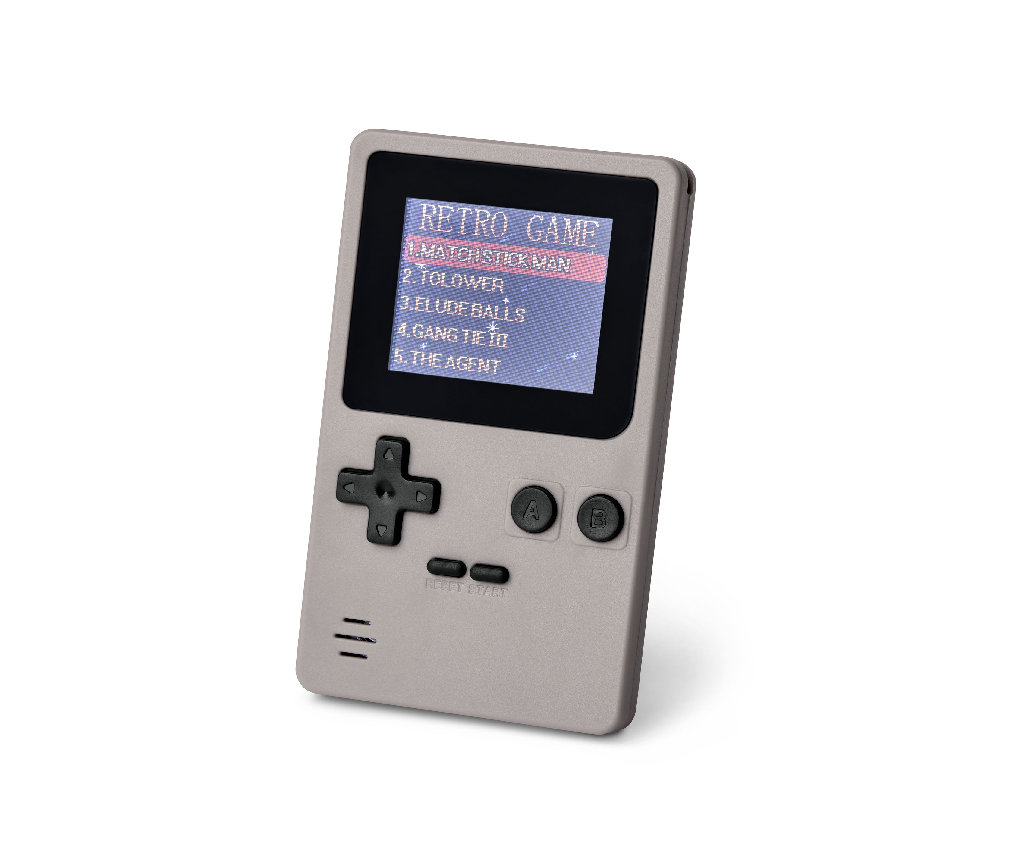 Közeli kép egy retro mini játékkonzolról, amely egy játékmenüt mutat.