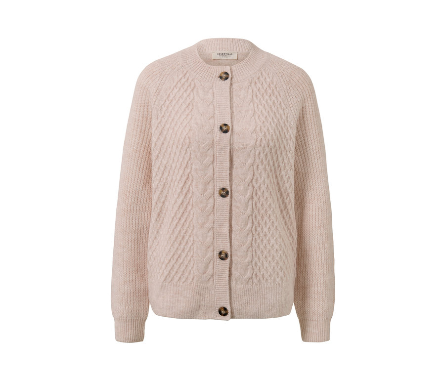 Bézs kötött, fonott mintás kardigán barna gombokkal.