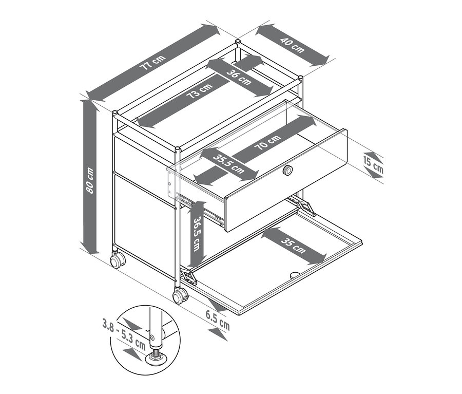 A »CN3« fém komód rajza 1 fiókkal és 1 lenyíló ajtóval és kerettel, méretekkel.