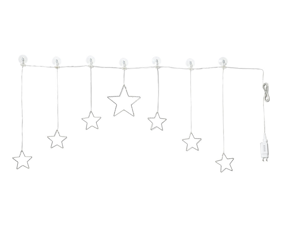 A csillag alakú LED-fényfüggöny átlátszó tapadókorongokon lóg.