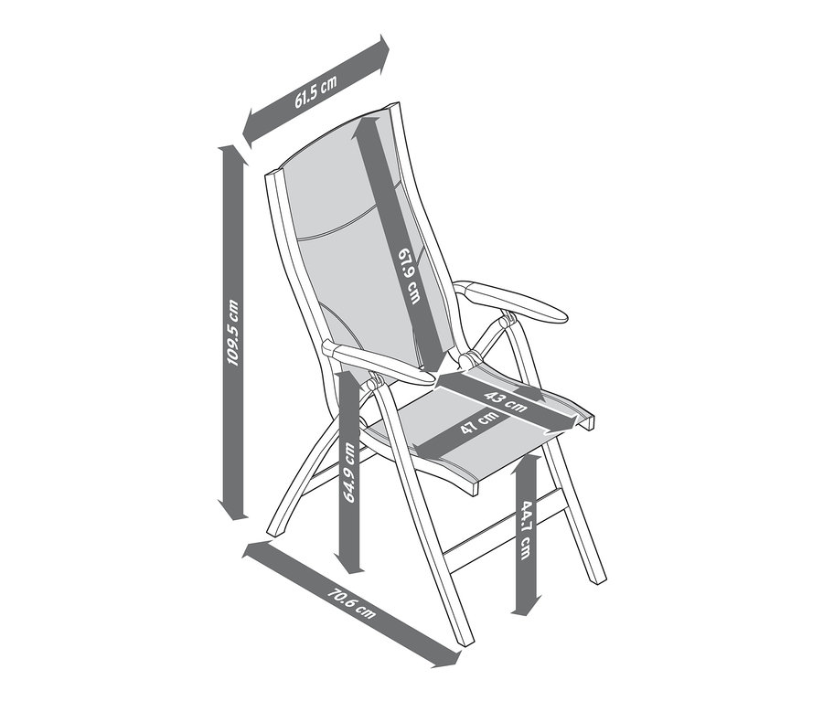 Állítható háttámlás összecsukható szék méretekkel.