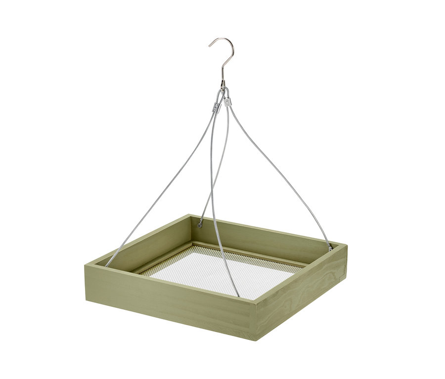 Zöld madáretető ezüst színű kampóval és drótokkal.