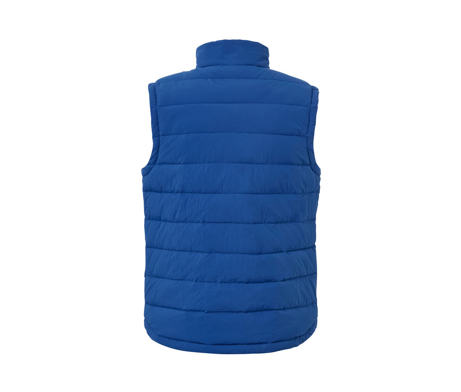 Kék férfi steppelt mellény hátulnézete.