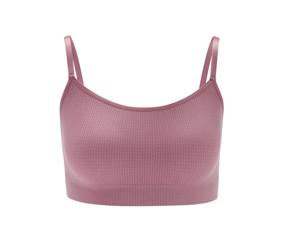 Egy mályva színű női seamless puha melltartó részletfotója.