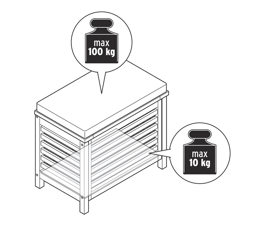 Vázlat egy tömörfa ülőpad tárolóval, maximum 100 kg-os súlykorlátozással a tetején és 10 kg-os súlykorlátozással az alján.