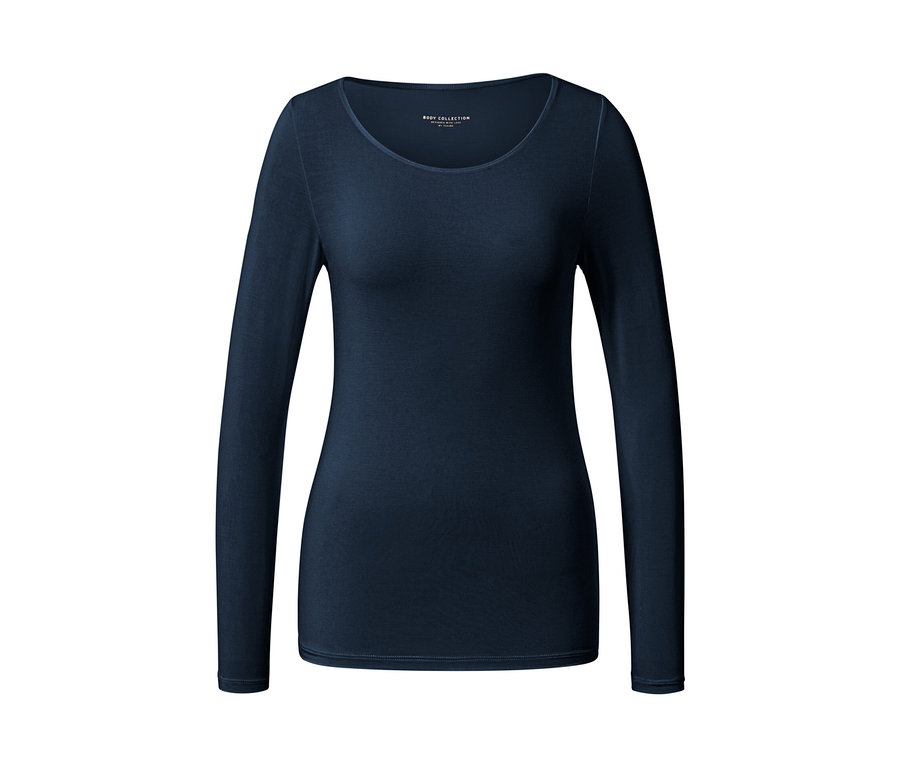 Sötétkék, selyemmel kevert női hosszú ujjú felső.