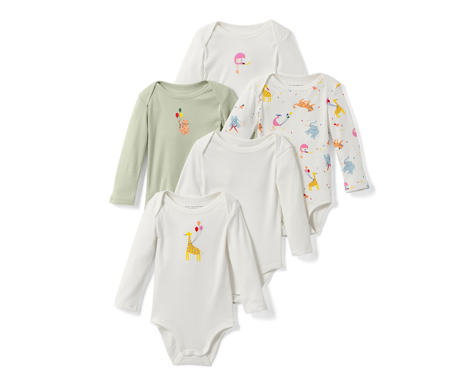 Öt darab hosszú ujjú baba body egymáson. A bodyk fehérek, olívazöldek és állatokkal vannak nyomtatva.