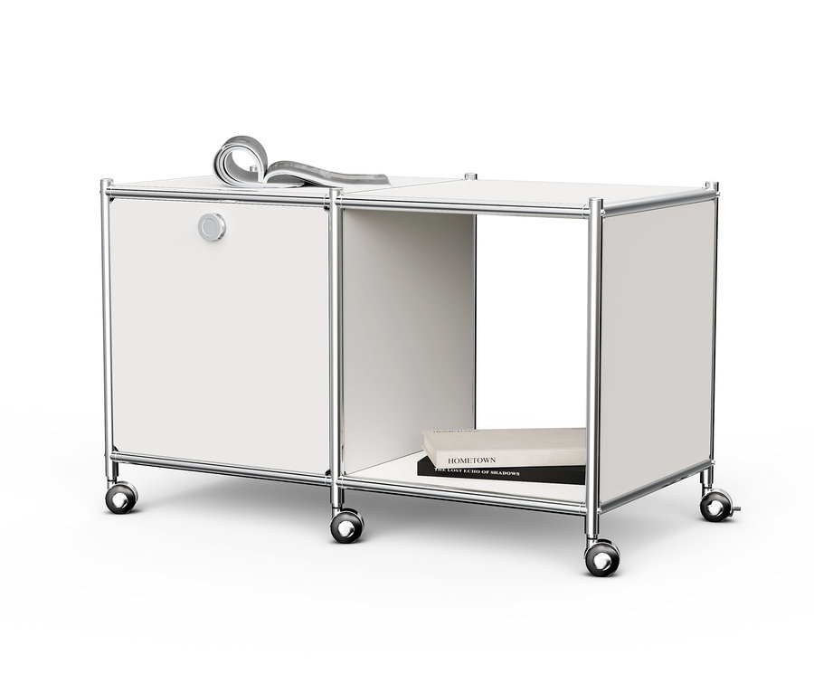 Fehér »CN3« fém kisasztal lenyíló ajtóval és görgőkkel.