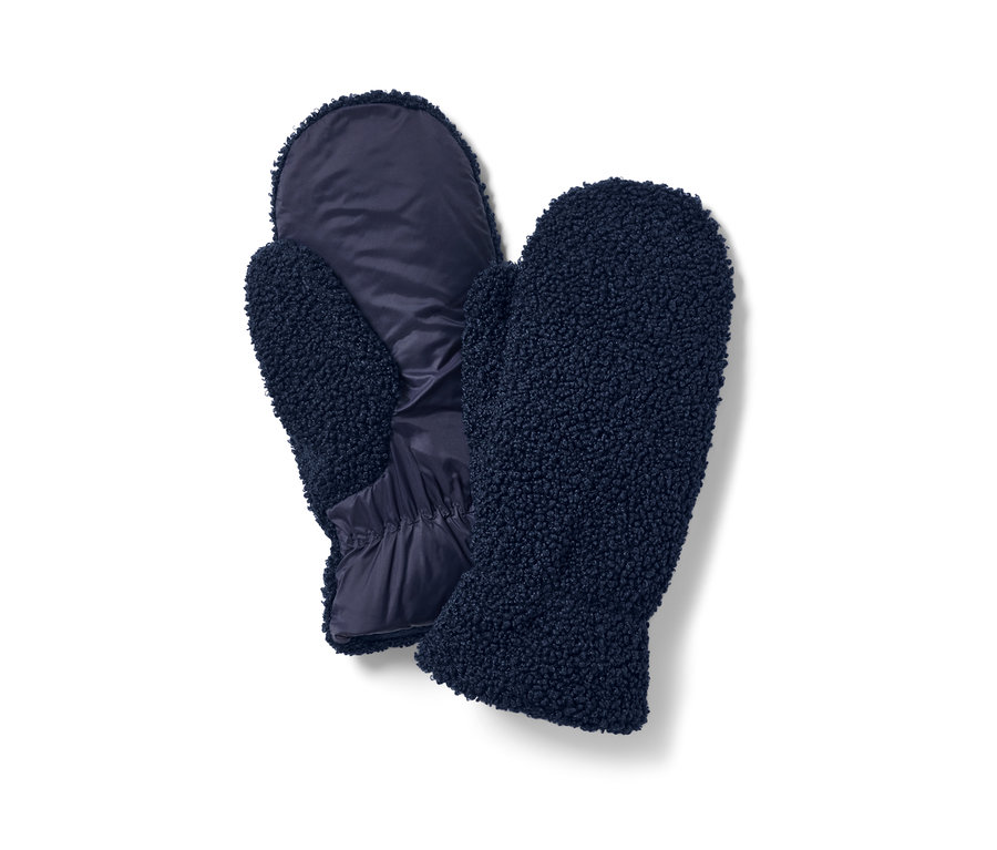 Két sötétkék színű női egyujjas plüsskesztyű.