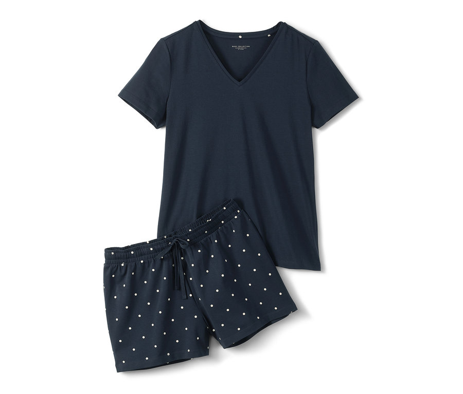 Sötétkék, pöttyös női rövidnadrágos pizsama.