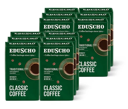 Sorban álló EDU Classic Traditional 250 g őrölt kávé csomagok.