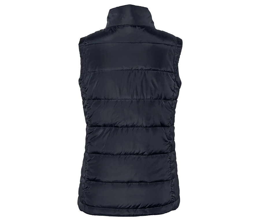 Hátulnézet egy sötétkék steppelt mellényről.