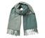 Egy zöld színű, geometriai mintázatú és rojtokkal ellátott sál.