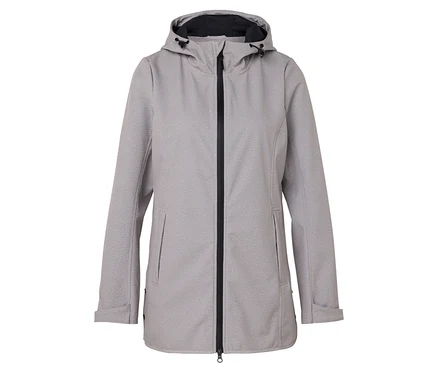 Szürke softshell kabát kapucnival és fekete cipzárral.