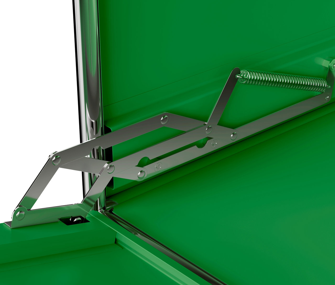 Egy zöld »CN3« fém komód részlete, 1 lenyíló ajtóval.