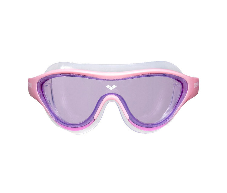 Közelkép egy rózsaszín arena Junior The One Mask úszószemüvegről gyerekeknek, lila lencsékkel.
