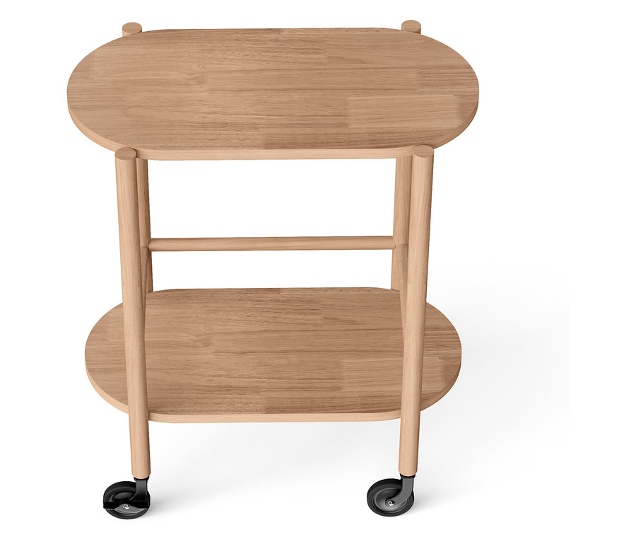 Fa szervírozó kocsi két ovális lappal és kerekekkel.