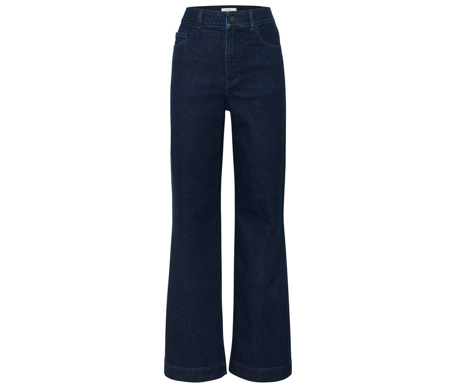 Sötétkék, trapéz szabású farmer.