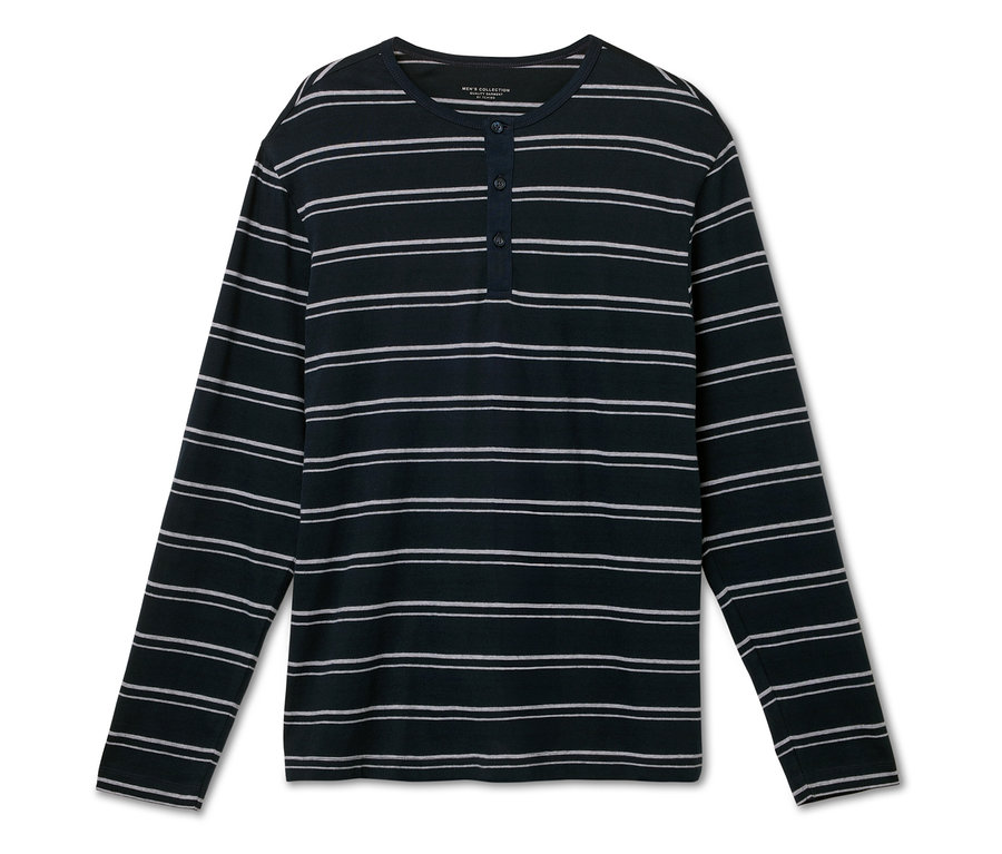 Csíkos, hosszú ujjú póló gombokkal.