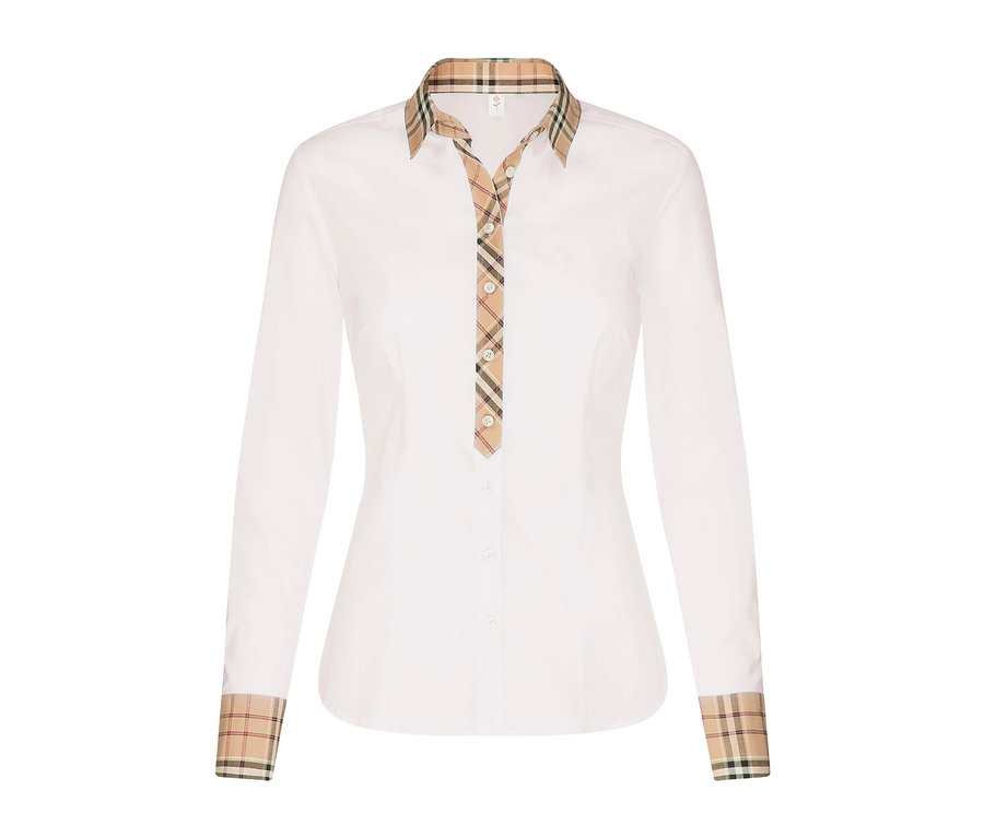 Fehér Seidensticker poplin blúz kockás részletekkel a galléron, a gombsoron és a mandzsettákon.
