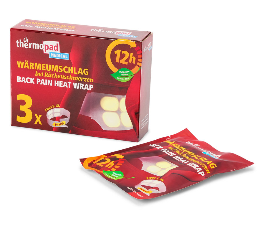 Egy csomag Thermopad hátfájás elleni melegítő tapasz, mellette egy különálló tapasz.
