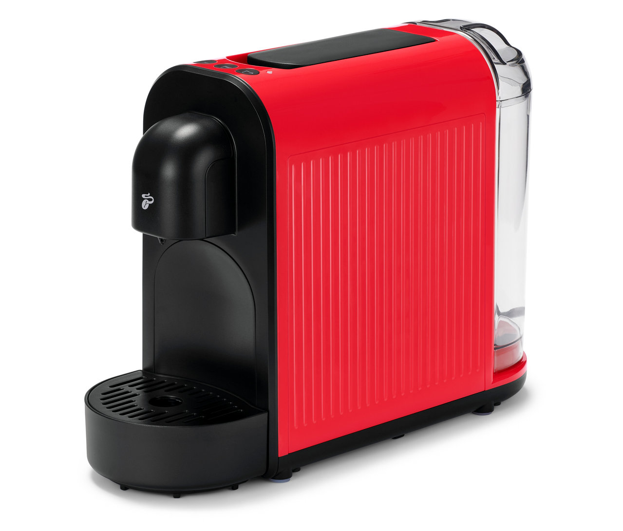 A piros Cafissimo now red kávéfőző egy fehér felületen áll.