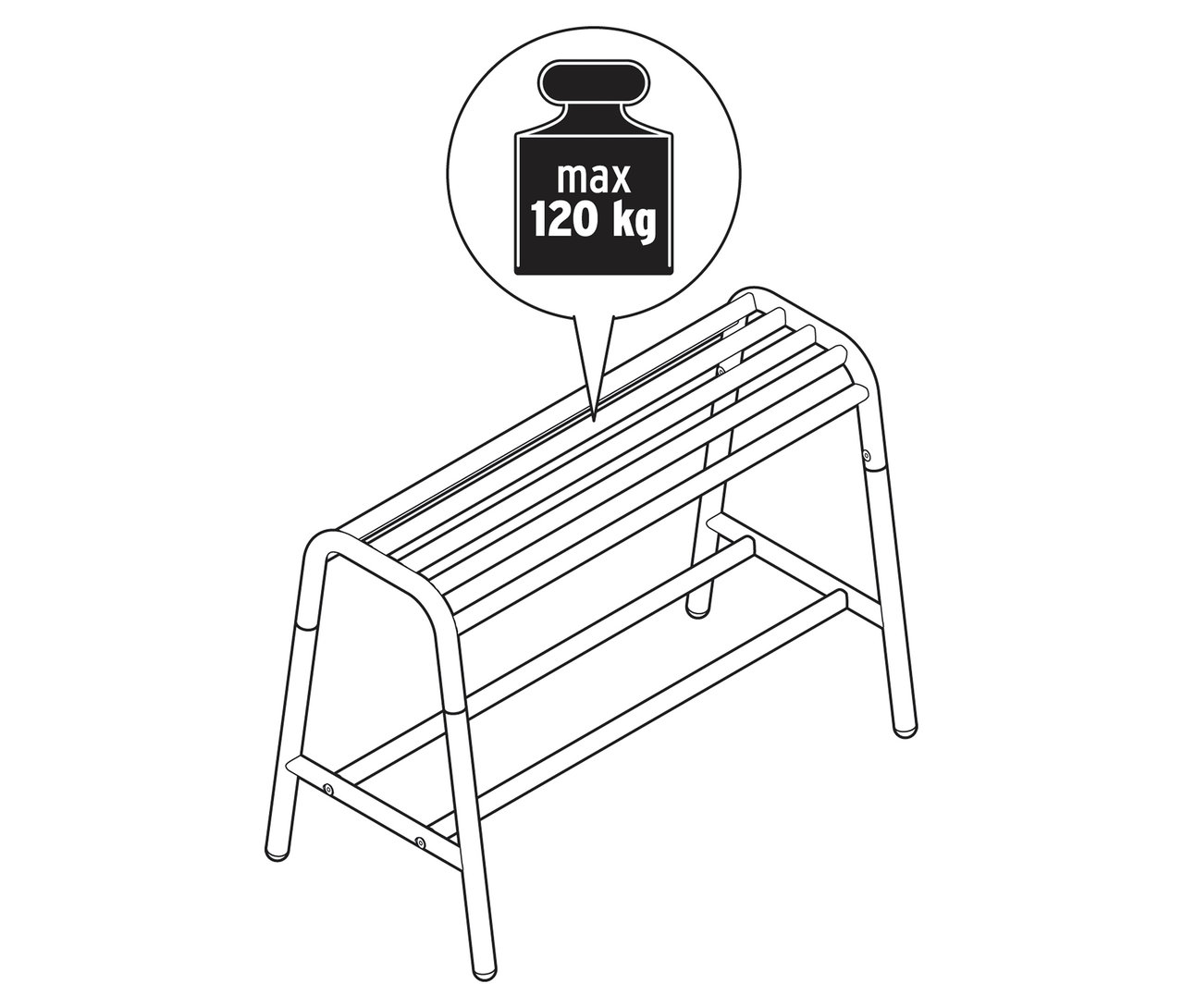 Egy ülőpad illusztrációja lerakóhellyel, a maximális terhelhetőségre (120 kg) vonatkozó figyelmeztetéssel.