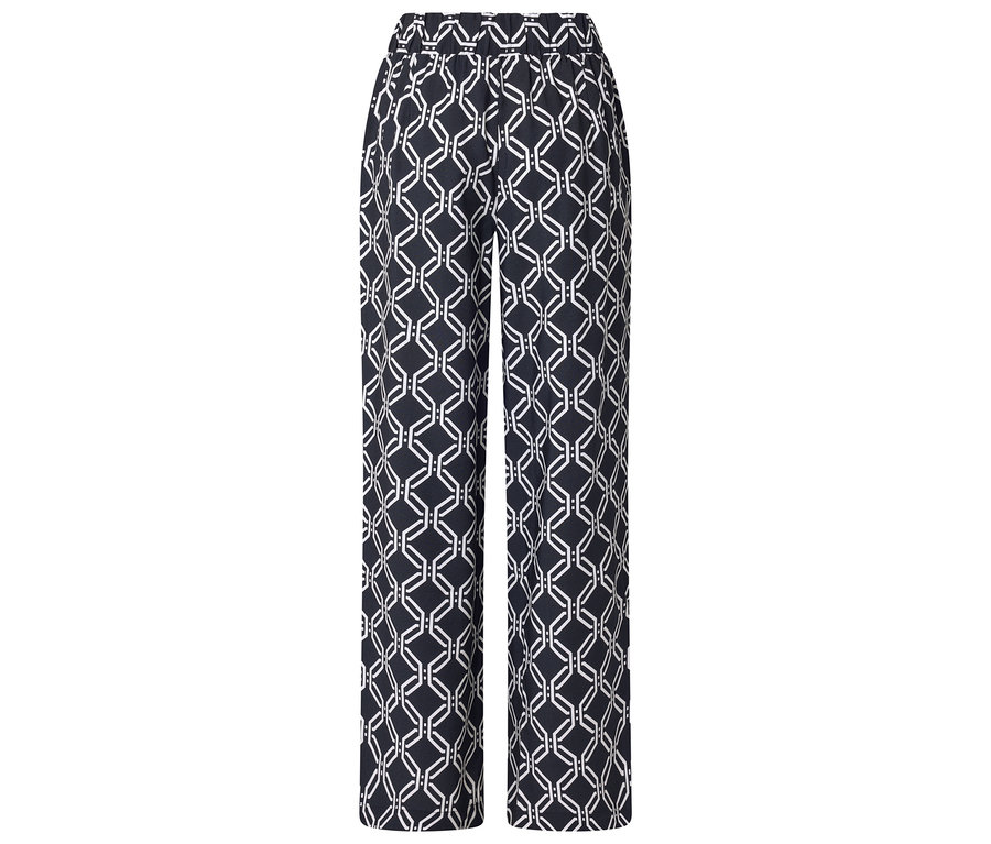 Nadrág kék-fehér geometriai mintával.