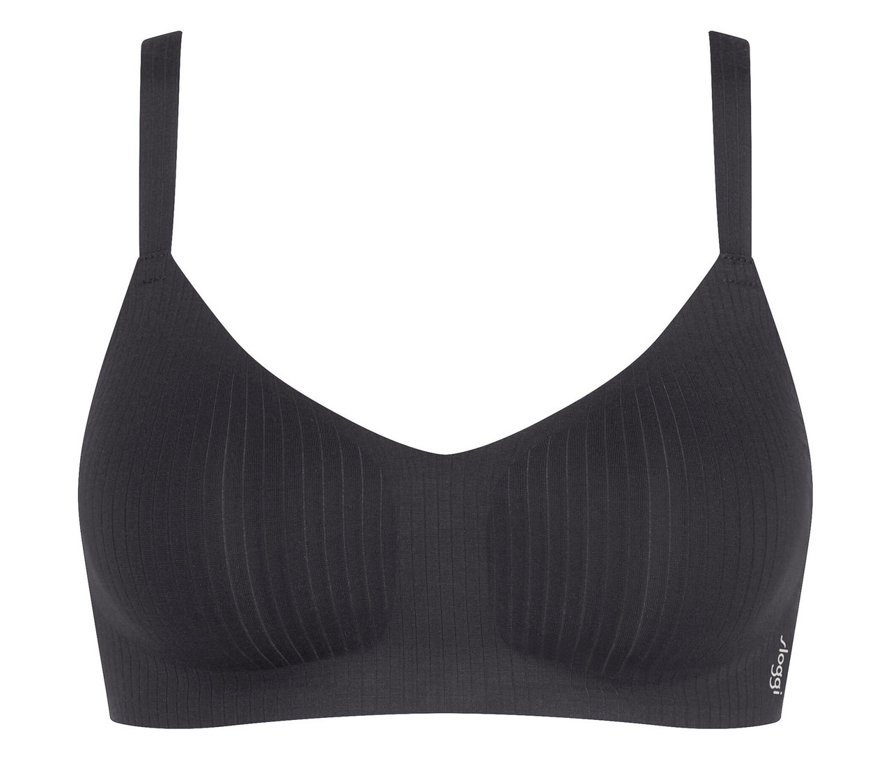 Fekete melltartó vékony pántokkal és függőleges bordázattal.