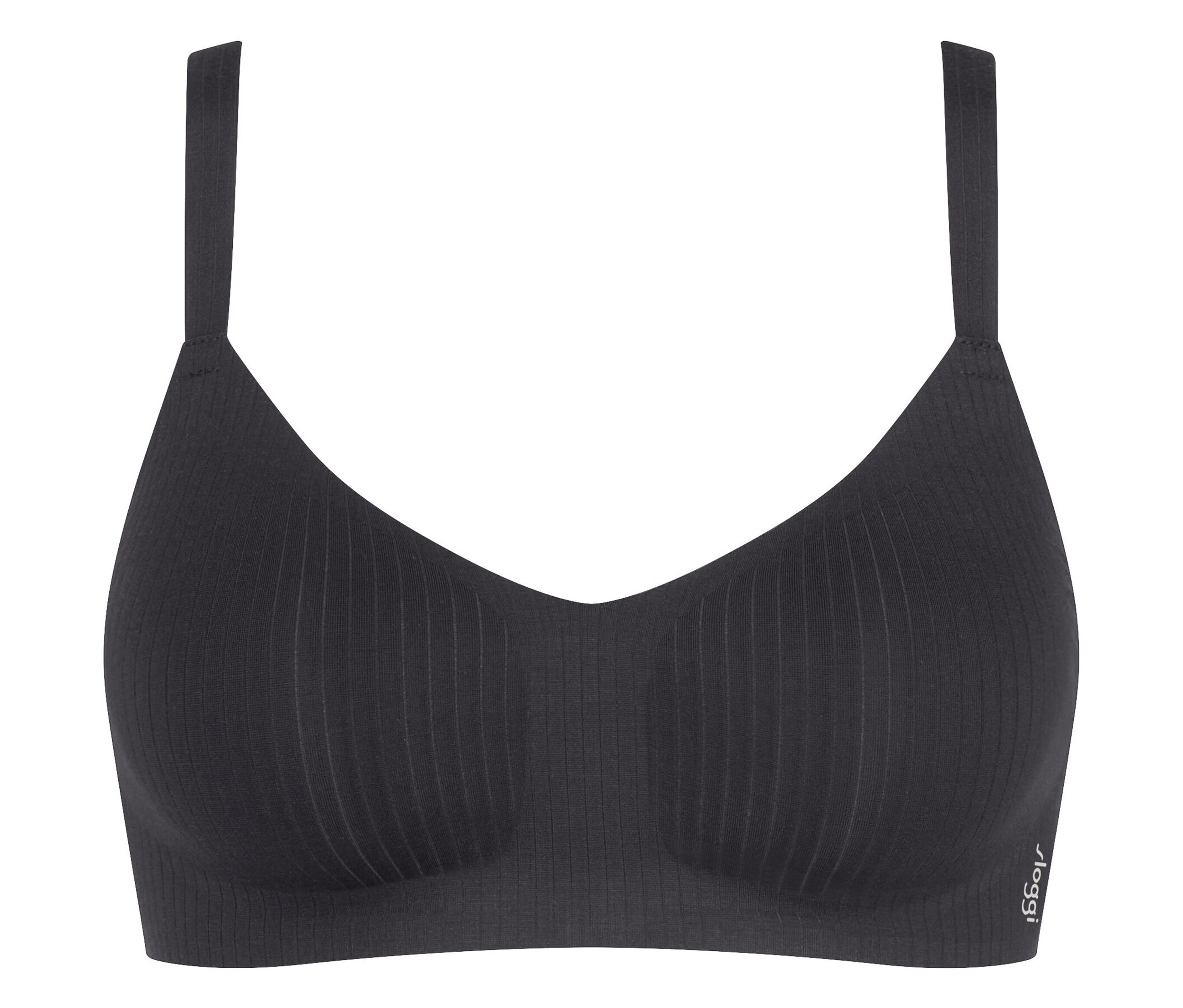 Fekete melltartó vékony pántokkal és függőleges bordázattal.