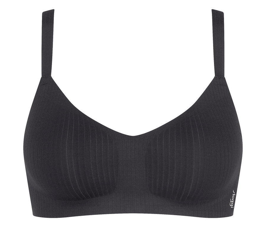 Fekete melltartó vékony pántokkal és függőleges bordázattal.