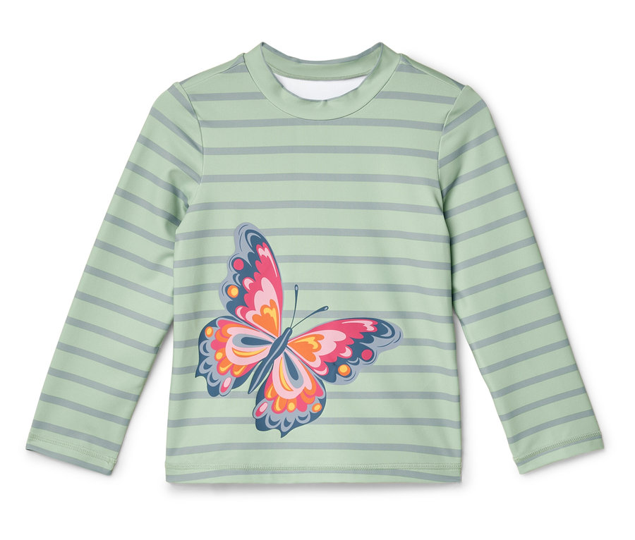 Világoszöld, csíkos, hosszú ujjú ing pillangó mintával.