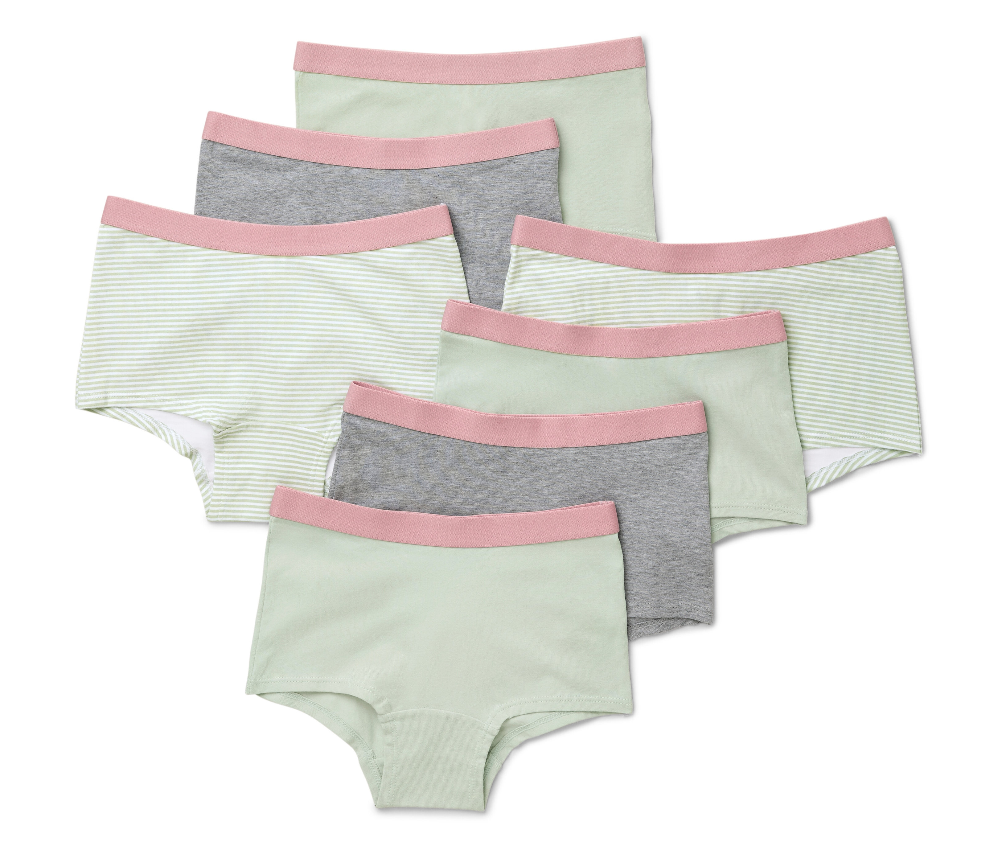 Hét mentazöld lány bugyi fekszik egymáson.