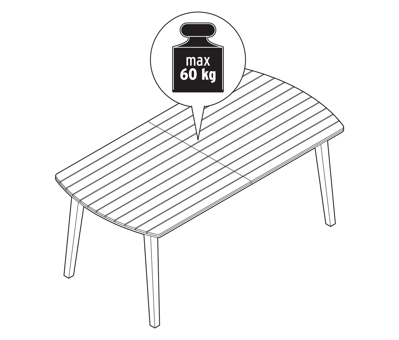 Fekete-fehér vonalrajz egy kihúzható, lekerekített elülső résszel ellátott kerti asztalról, kb. 180-240 cm, súlyjelzéssel.