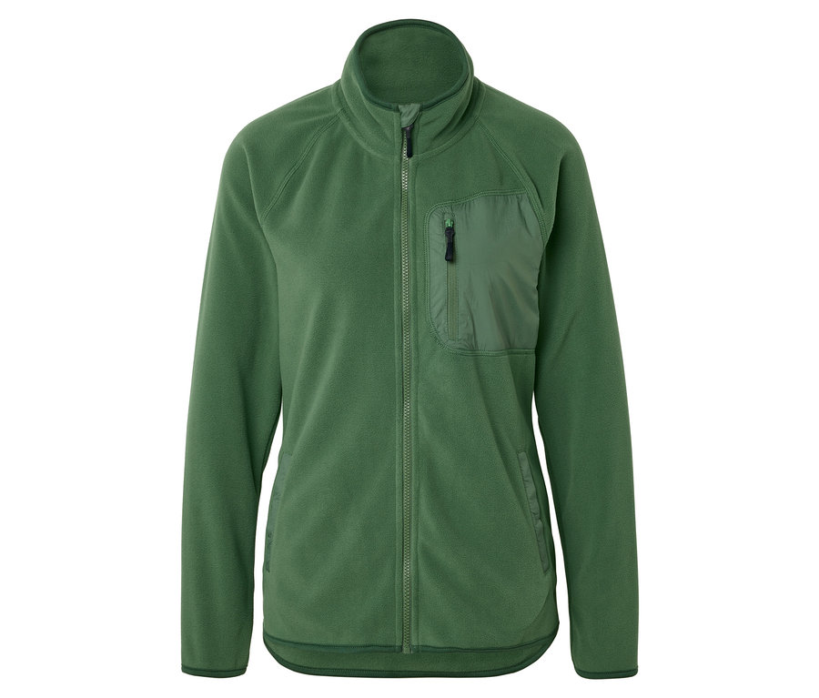 Zöld polár pulóver teljes hosszában cipzárral és cipzáras mellzsebbel.