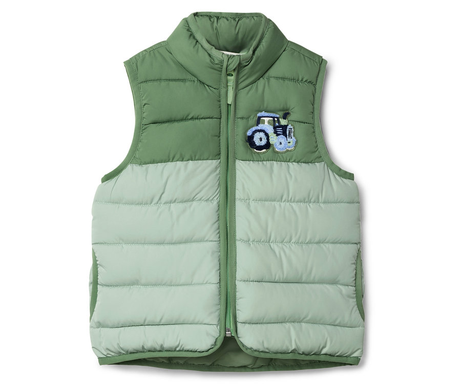 Zöld steppelt mellény traktoros applikációval.