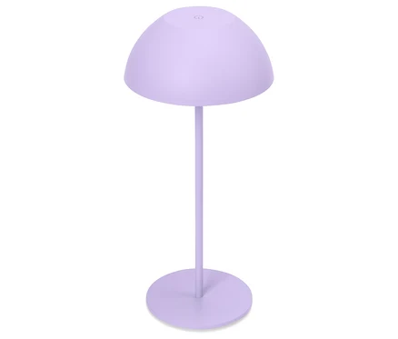 Lila állólámpa kerek lámpabúrával, fehér háttérrel.