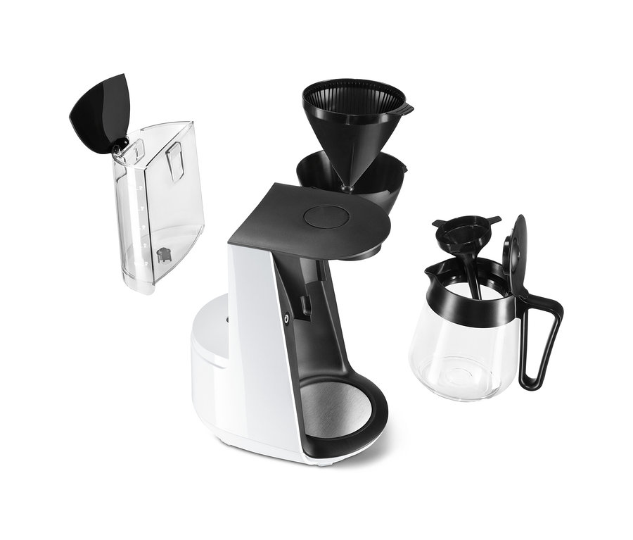 Fehér »Let's Brew« filteres kávéfőző, levehető alkatrészekkel.