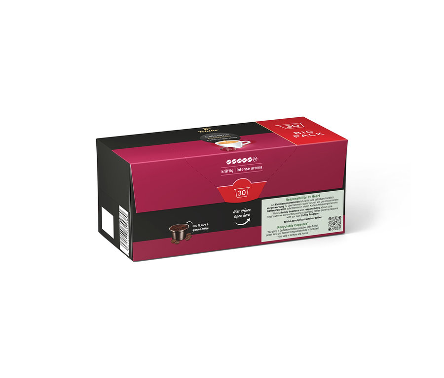 Magenta-fekete Tchibo Cafissimo Espresso Intense Aroma kávékapszula csomag 30 kapszulával, kávékapszula képpel.