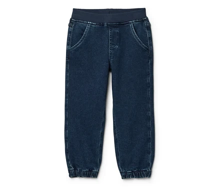 Sötétkék farmer jogger nadrág rugalmas bordázott derékrésszel és rugalmas bordázott bokamandzsettával.