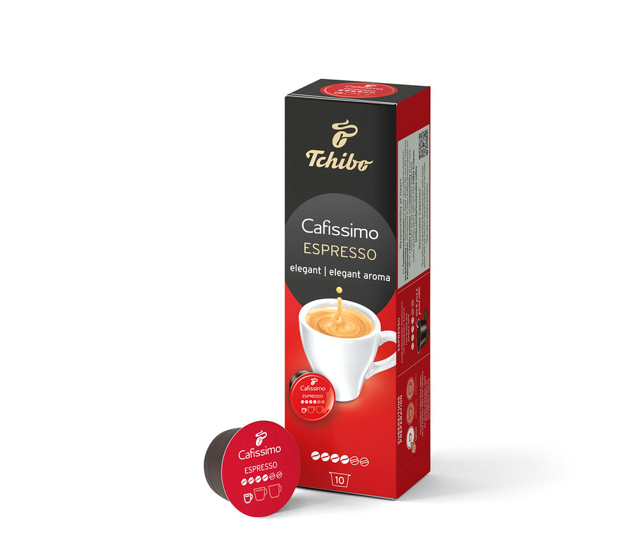 Egy csomag Cafissimo Espresso elegant - 10 kapszula egyetlen kapszula mellett áll.