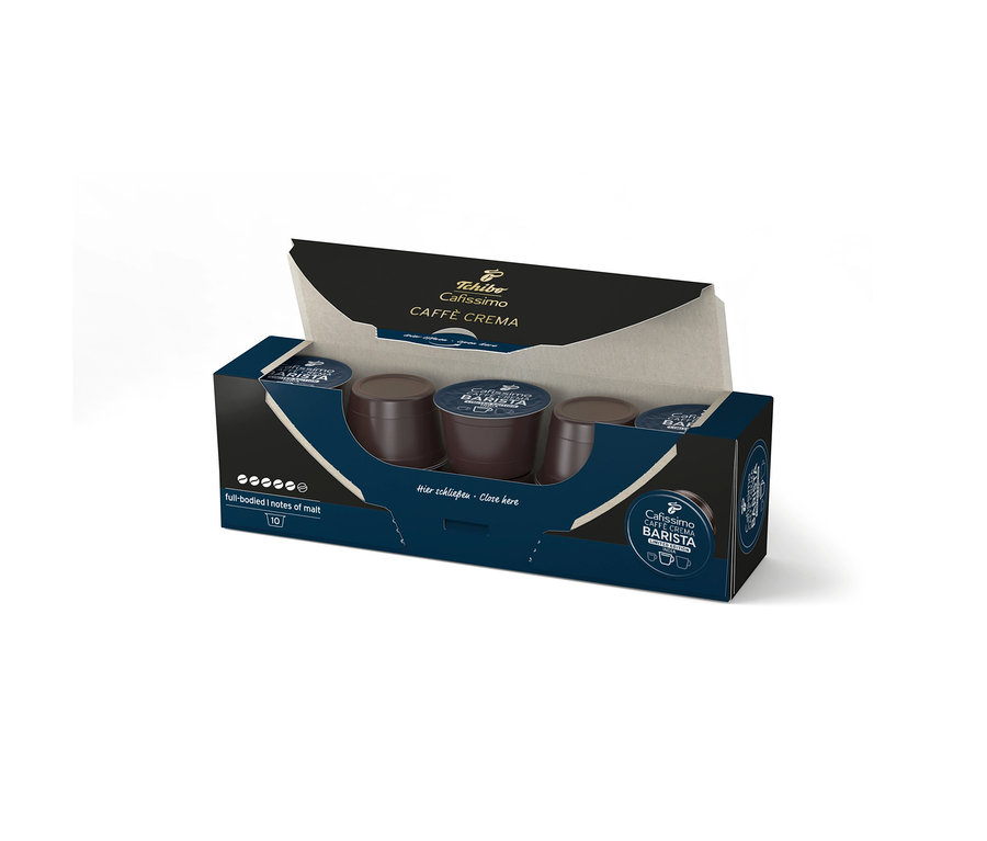 Egy nyitott sötétkék doboz 10 Cafissimo BARISTA Caffè Crema India kávékapszulával, mely sötétbarna kapszulákat mutat.