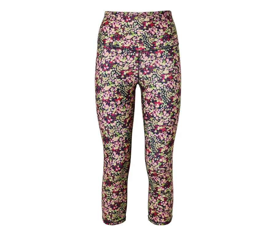 Virágmintás leggings közelképe fehér háttér előtt.