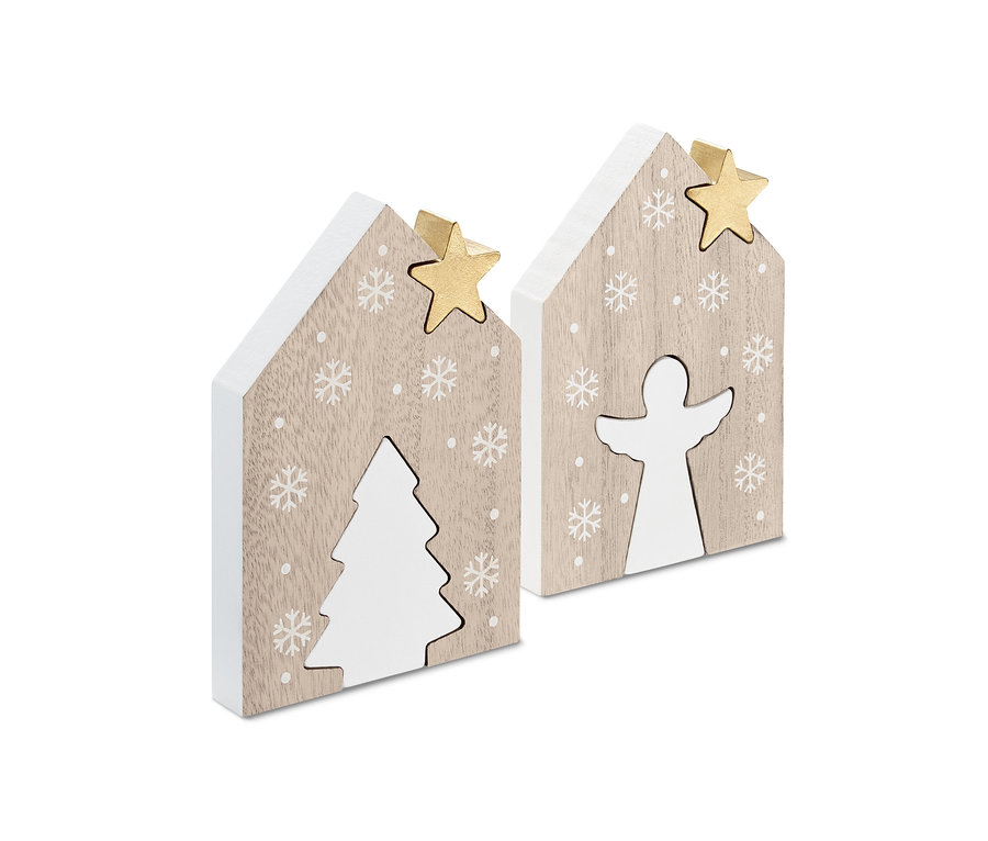 Két fa díszházacska csillaggal, az egyiken fa, a másikon angyal motívummal.