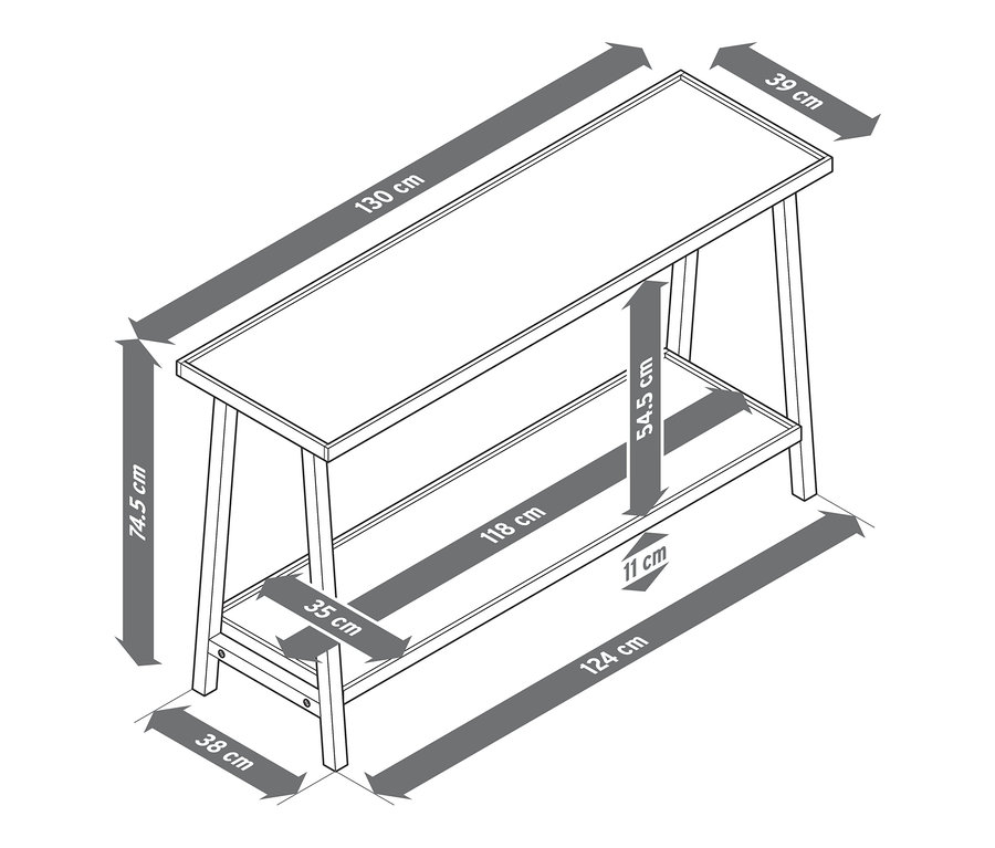 A polcos konzolasztal méreteit nyilak jelzik.