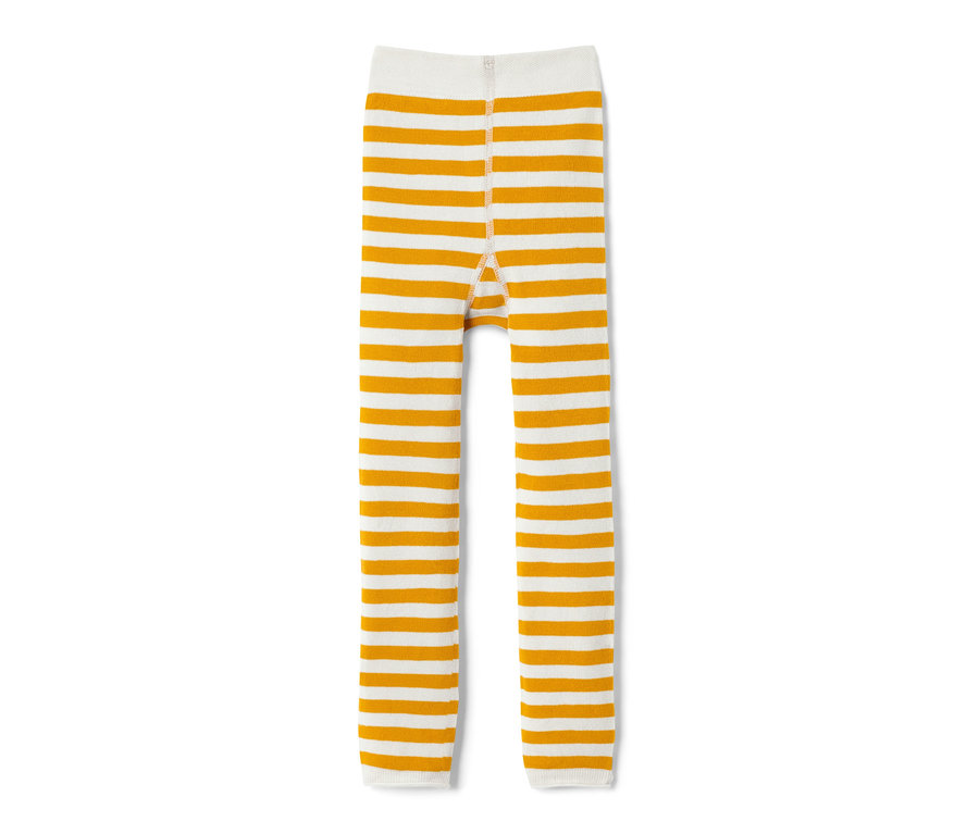 Sárga-fehér csíkos kötött 2 kisgyerek leggings szettben.