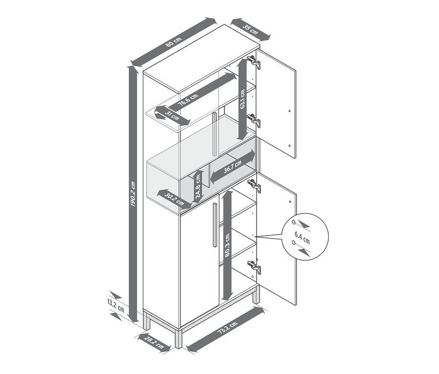 A fehér és antracit színű »Eklund« fürdőszobai szekrény méretei nyitott ajtókkal.