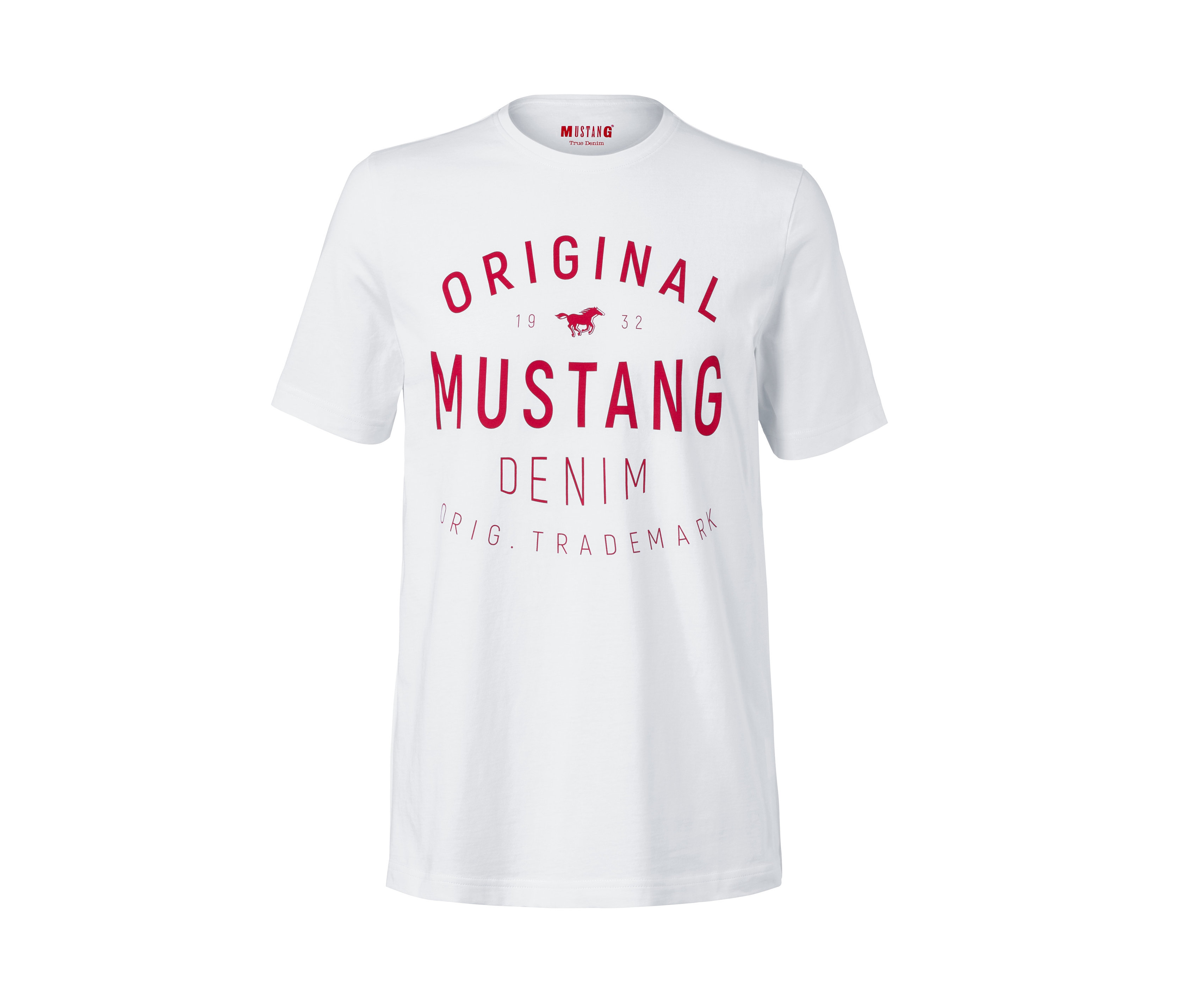 Fehér Mustang póló, piros mintával.