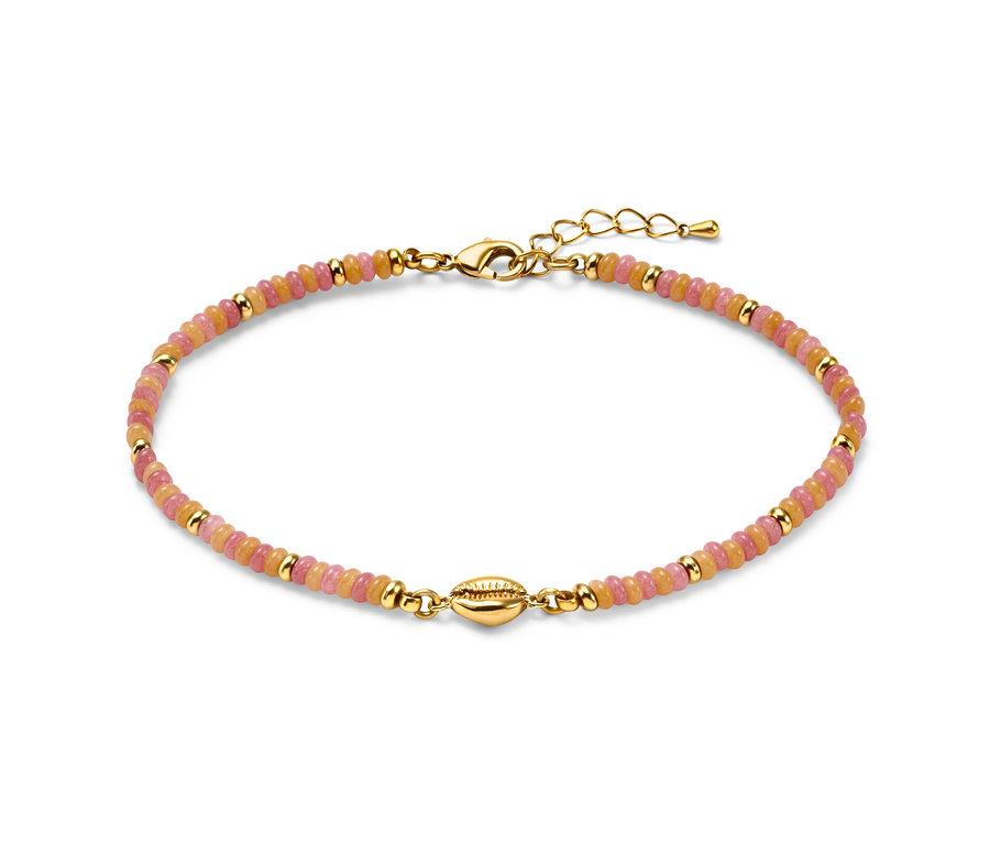 Arany színű Bokalánc, színes jádekő rózsaszín és narancssárga gyöngyökkel, középen kagylóval.